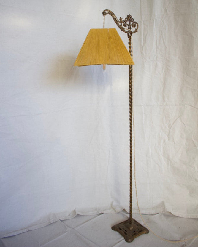 Ornate Brass Floor Lamp w/ Gold Linen Woven Lampshade