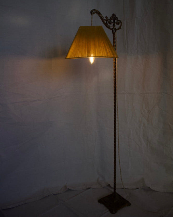 Ornate Brass Floor Lamp w/ Gold Linen Woven Lampshade