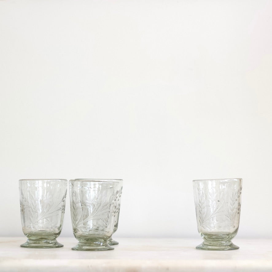 Hand-etched Blown Footed Glass