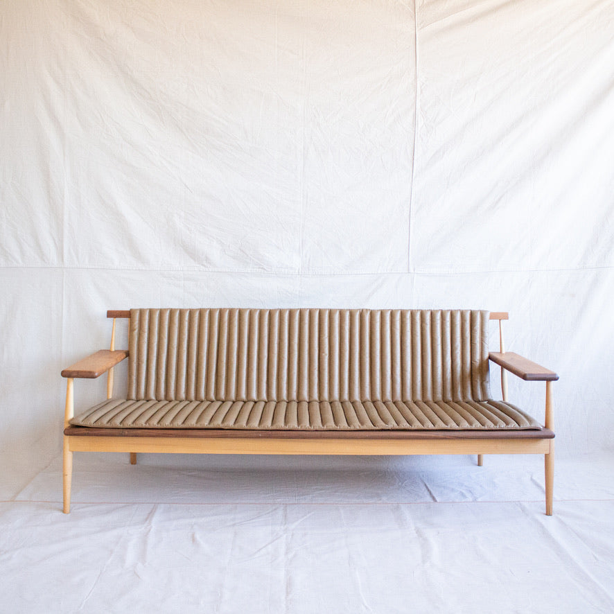 MCM Wooden Sofa w/ Tan Leather Cushion