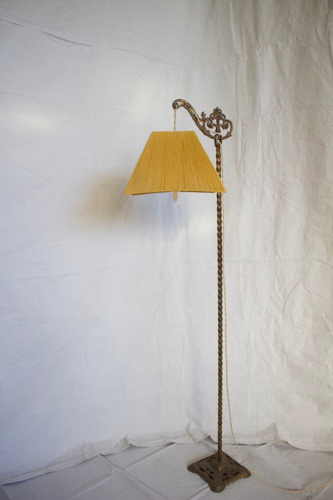 Ornate Brass Floor Lamp w/ Gold Linen Woven Lampshade