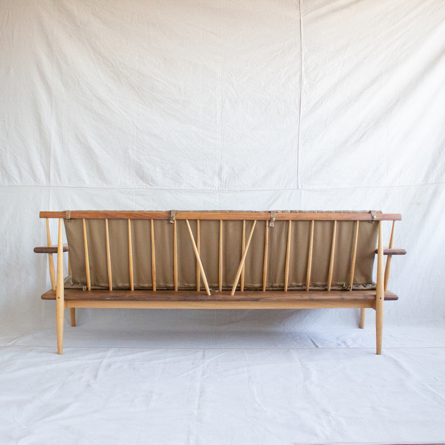 MCM Wooden Sofa w/ Tan Leather Cushion