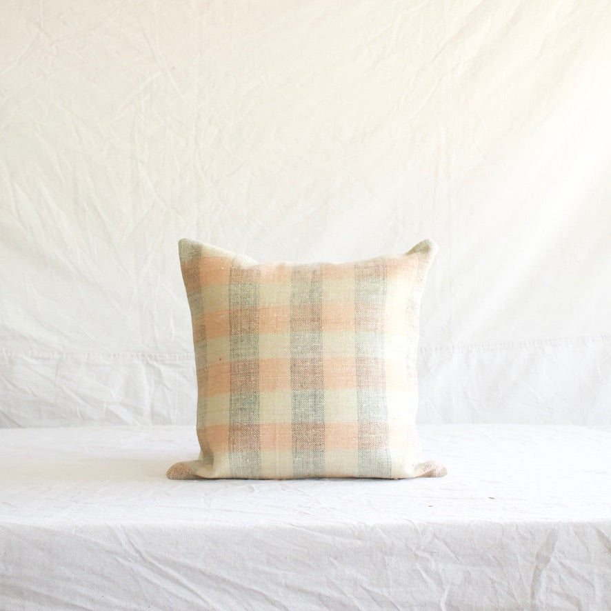 Kilim Square Pillow - Mint/Peach/Navy Check