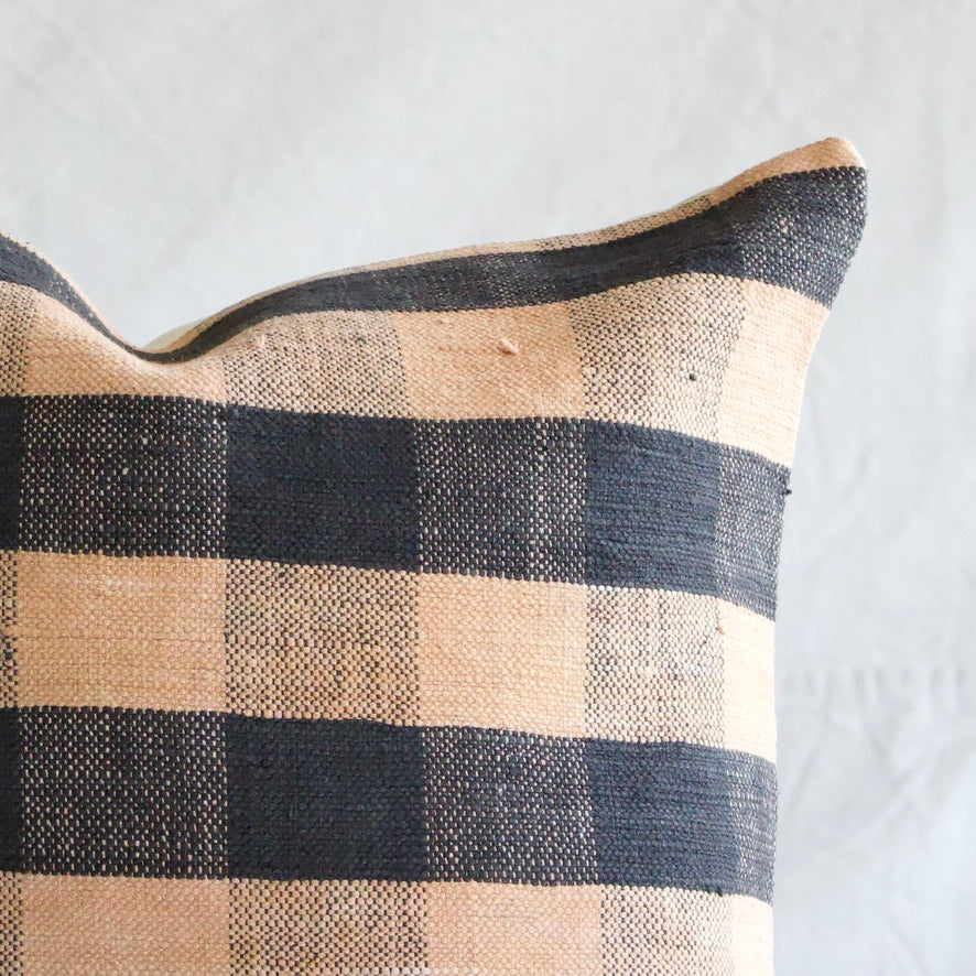 Kilim Square Pillow - Navy/Peach Check