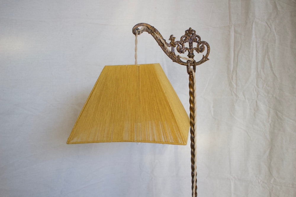 Ornate Brass Floor Lamp w/ Gold Linen Woven Lampshade