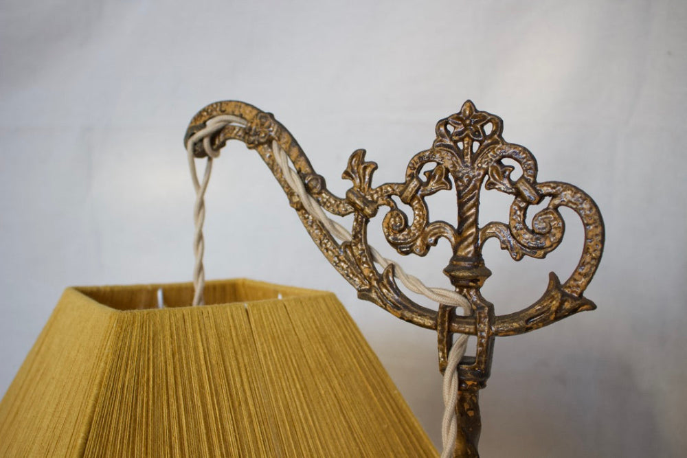 Ornate Brass Floor Lamp w/ Gold Linen Woven Lampshade