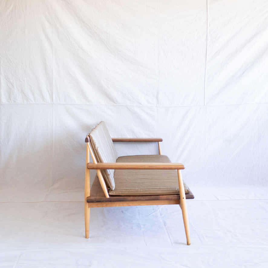 MCM Wooden Sofa w/ Tan Leather Cushion