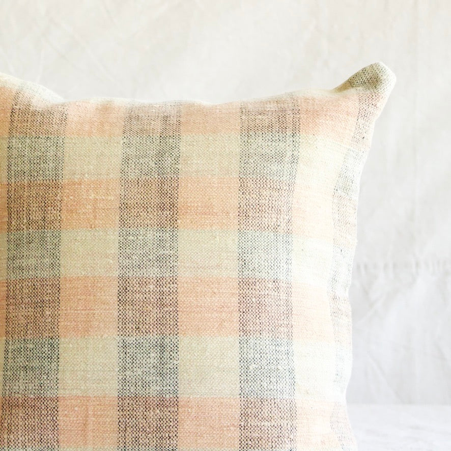 Kilim Square Pillow - Mint/Peach/Navy Check