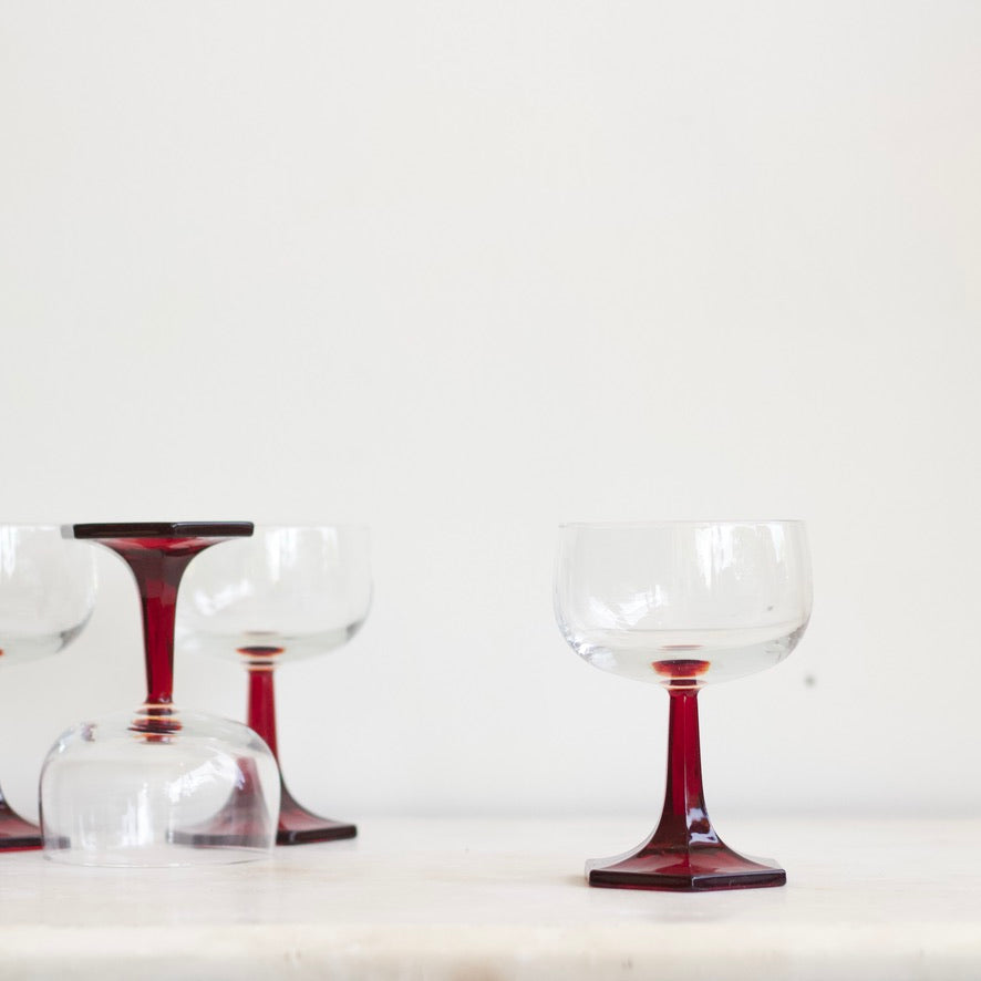 Vintage Glassware Sets - Red Stem Coupe Glasses