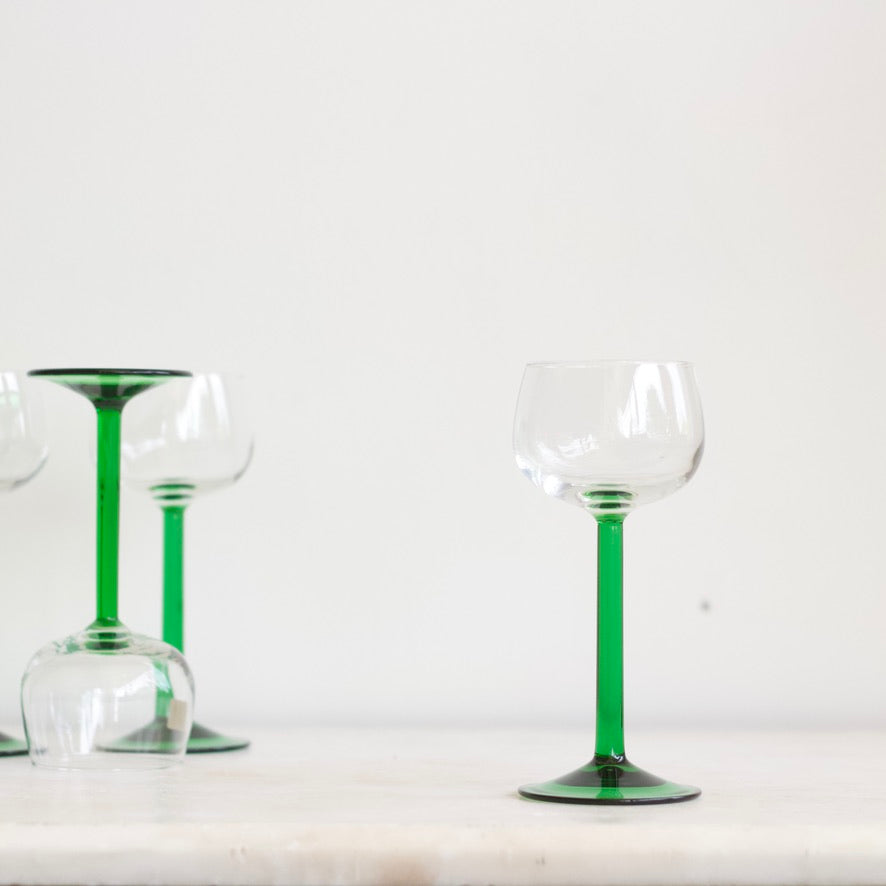 Vintage Glassware Sets - Green Stem Coupe Glasses