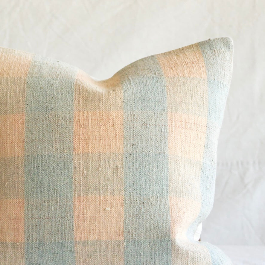 Kilim Square Pillow - Peach/Aqua Check